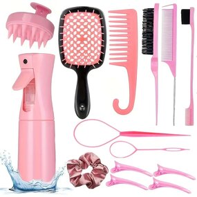 Hairbrush and Comb Set Manufacturer - 12pcs Complete Styling with Spray Bottle Detangling Edge & Rat Tail Combs Scalp Massager