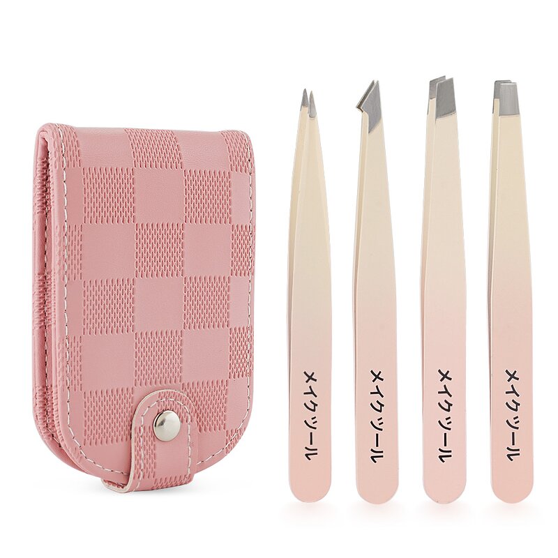 Eyebrows Tweezers Set Manufacturer - Custom Logo 4Pcs Pink Great Precision for Ingrown Hair Splinter Facial Removal