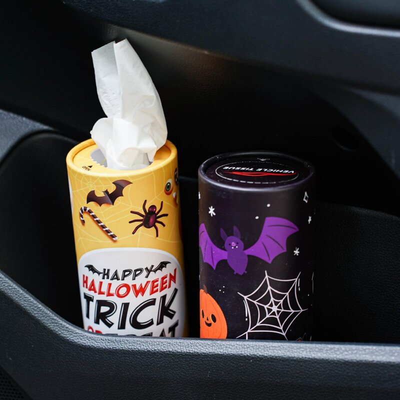 Car Tissue Bucket Manufacturer - Halloween Pumpkin Print Cylinder Paper Towel Holder Custom Logo Festive Decor