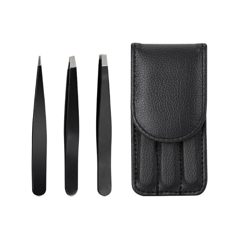 Eyebrow Tweezers Set Manufacturer - Private Label Black Straight Tip Stainless Steel