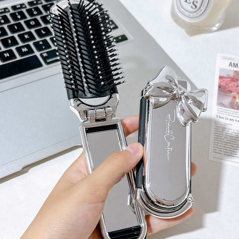 Hair Brush with Mirror Manufacturer - High Quality Electroplated Silver Mini Folding
