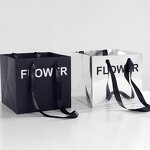 Handmade Custom Printed Logo Square Die Cut Kraft Paper Bag Waterproof Silver Floral Bouquet Design for Flower Candle Craft