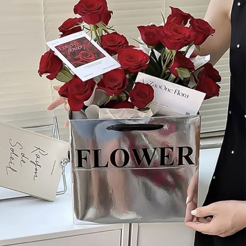 Handmade Custom Printed Logo Square Die Cut Kraft Paper Bag Waterproof Silver Floral Bouquet Design for Flower Candle Craft