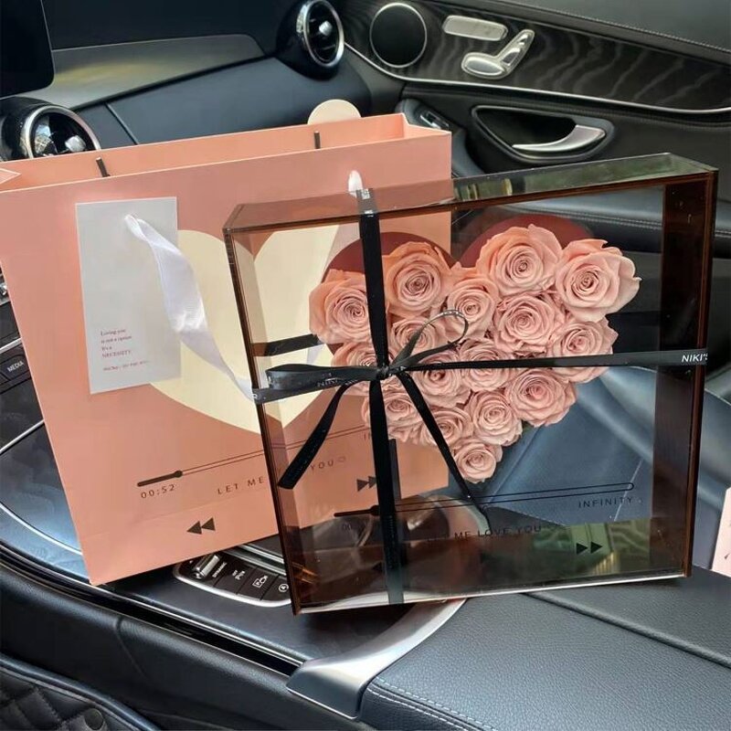 Valentine's Day Custom Square Acrylic Window Gift Box with Matte Finish Europe Bag Transparent Rose Flower Design for Candle