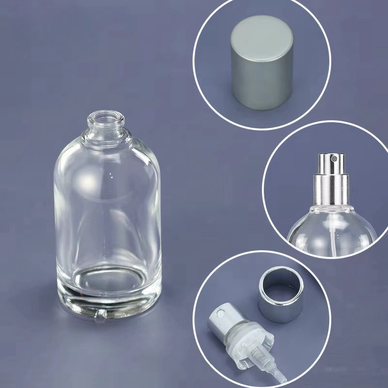 Glass Perfume Bottle with Flat Aluminium Cap Screen Printed Roll Seal Pump Sprayer Serum Cream Diffuser Packaging Boxed
