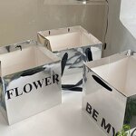 Handmade Custom Printed Logo Square Die Cut Kraft Paper Bag Waterproof Silver Floral Bouquet Design for Flower Candle Craft