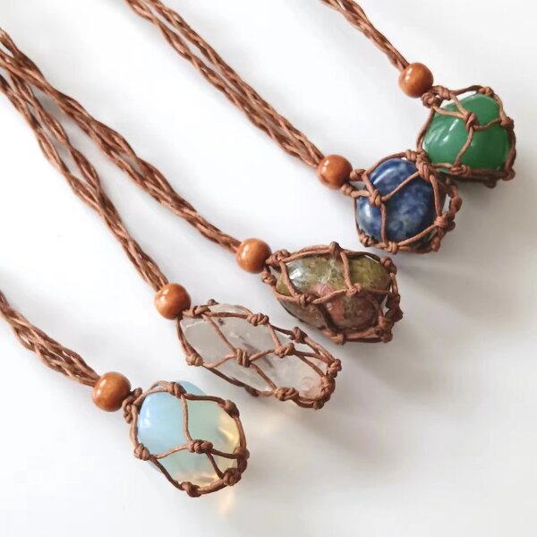 Tumbled Crystal Pendant Necklace Manufacturer - Hot Seller Hand Net Woven Adjustable Gemstone Jewelry Tool