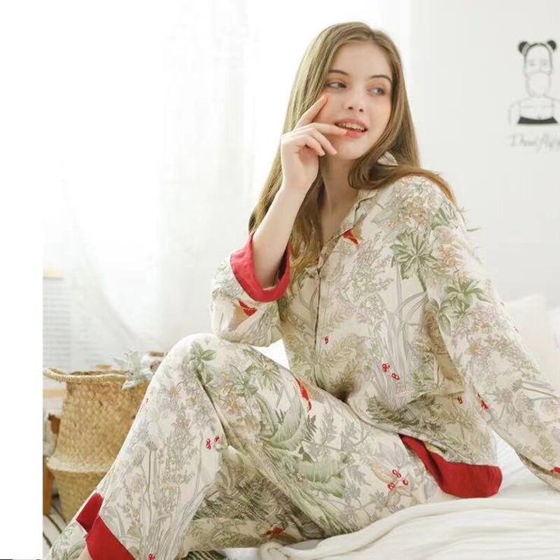 Pajamas Set Manufacturer - Long Sleeve Lapel Plant Print Elastic Waist