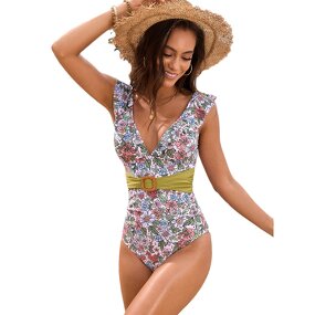 One Piece Swimsuit Manufacturer - Deep V-Neck Ruffle High Cut Print