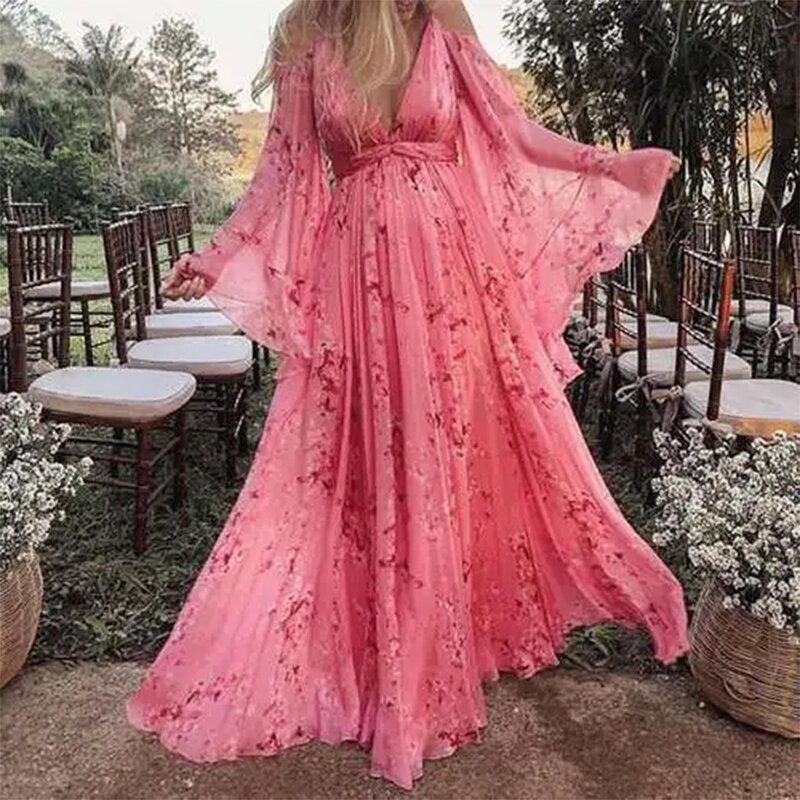 Dress Manufacturer - V-Neck Floral Pink Large Swing Plus Size