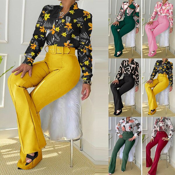 Women's Casual Suit Manufacturer - Printed Stand Collar Shirt & Wide Leg Pants