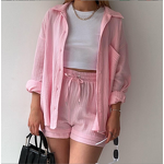 Women's Casual Set Manufacturer - Lapel Shirt & High Waist Drawstring Shorts
