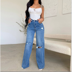 Jeans Manufacturer - High Waist Loose Straight Leg Ripped Wide Leg