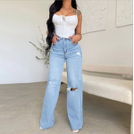 Jeans Manufacturer - High Waist Loose Straight Leg Ripped Wide Leg