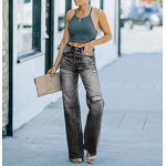 Denim Pants Manufacturer - Casual Wide Leg Mid Waist Washed Perforated