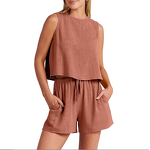 Women's Two-Piece Set Manufacturer - Sleeveless Top with Shorts & Pants