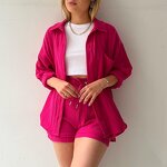 Women's Casual Set Manufacturer - Lapel Shirt & High Waist Drawstring Shorts