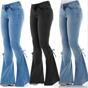 Denim Pants Manufacturer - Mid Rise Lace Up Elastic Flared