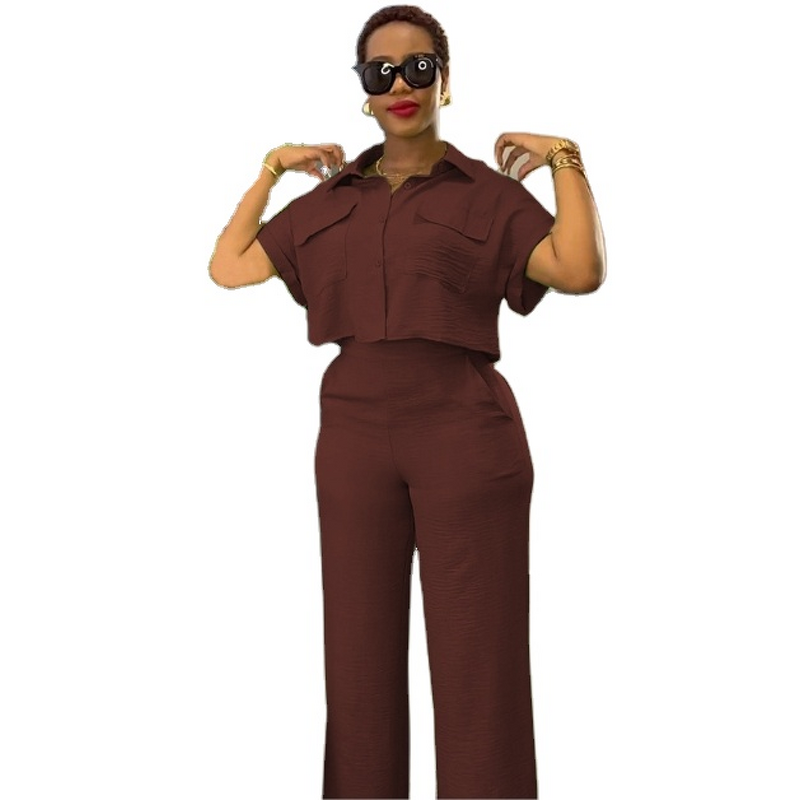 Women's Casual Suit Manufacturer - Lapel Short Sleeve Shirt & Wide Leg Pants