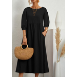 Dress Manufacturer - Solid Color Lantern Sleeves Loose Cotton Hemp with Pocket