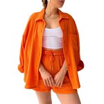Women's Casual Set Manufacturer - Lapel Shirt & High Waist Drawstring Shorts