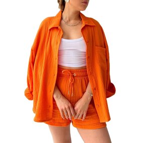 Women's Casual Set Manufacturer - Lapel Shirt & High Waist Drawstring Shorts
