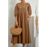 Dress Manufacturer - Solid Color Lantern Sleeves Loose Cotton Hemp with Pocket