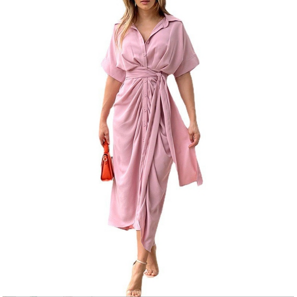 Shirt Dress Manufacturer - Lapel Short Sleeve Single Breasted High Waisted