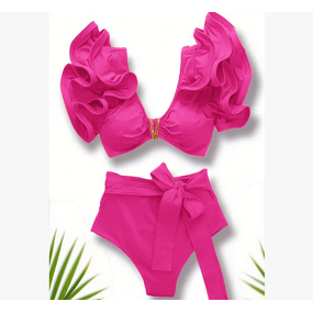 Bikini Set Manufacturer - Deep V Neck Ruffled High Waisted Two Piece