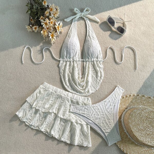 Bikini Set Manufacturer - Three Piece Solid Color Halterneck for Beach