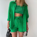 Women's Casual Set Manufacturer - Lapel Shirt & High Waist Drawstring Shorts