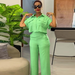 Women's Casual Suit Manufacturer - Lapel Short Sleeve Shirt & Wide Leg Pants