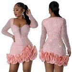 Dress Manufacturer - Diamond Bubble Bead Wrap Hip Long Sleeve Square Neck