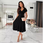 Dress Manufacturer - Deep V-Neck Waist Wrapped Bubble Sleeves Large Swing