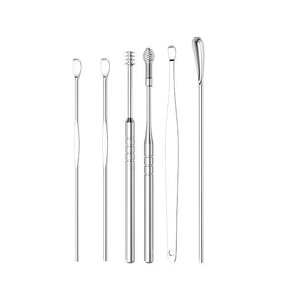 Ear Wax Pick Tools Set - Travelling Size Silver 6pcs Stainless Steel Cleanser