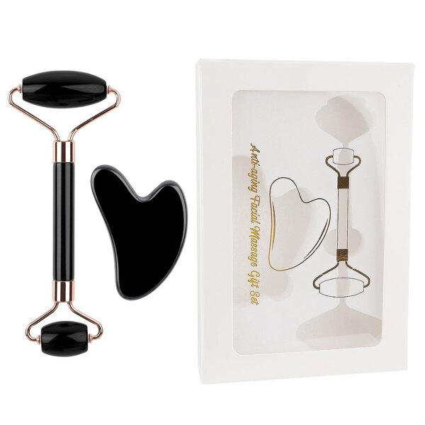 Black Jade Roller Gua Sha Set - Skincare Crystals Face Lifting Massage Tool