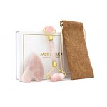 Rose Quartz Roller Gua Sha Set - Anti Aging Facial Kit Box and Pouch