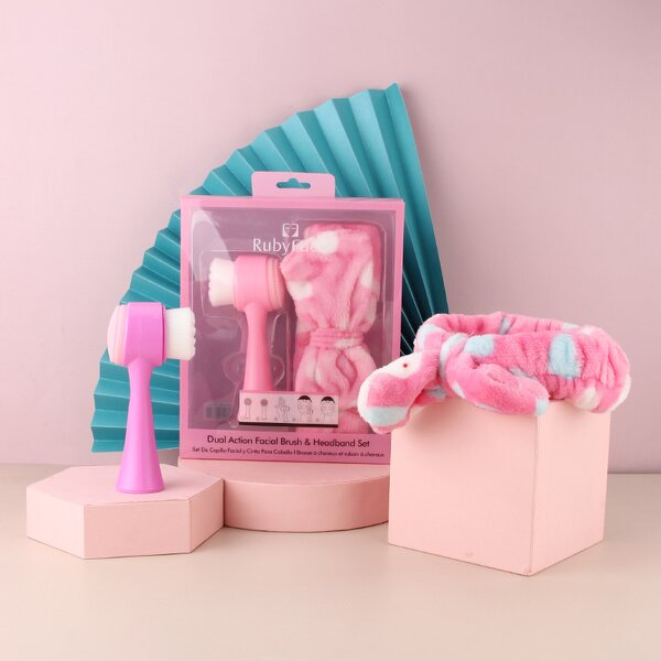 Double Sided Facial Cleansing Brush - Portable Plastic Silicone Fiber Sponge Set