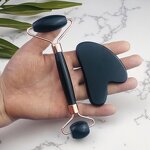 Jade Roller Gua Sha Set - Custom Green Rose Quartz Facial Body Neck Massager