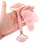 Rose Quartz Roller Gua Sha - Natural Crystal Facial Skin Care Massage Set