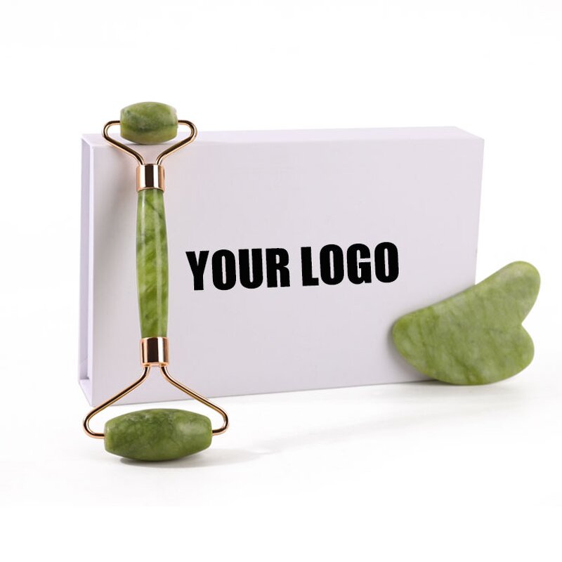 Jade Roller Gua Sha Set - Custom Green Rose Quartz Facial Body Neck Massager