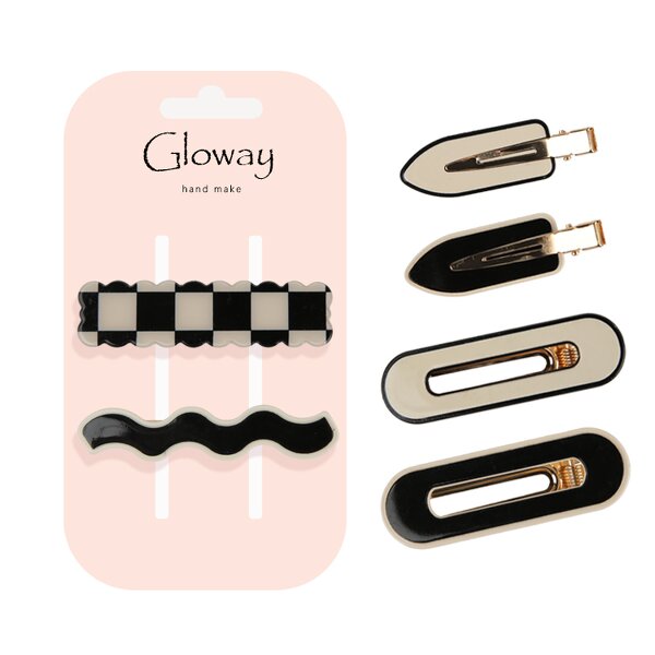 Hair Barrettes Manufacturer - Vintage Traceless Black White Checker Acetate Non Slip Metal Korean