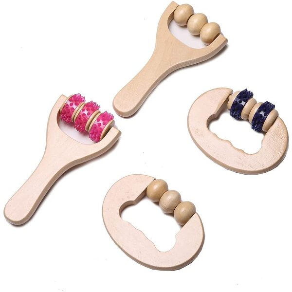 Wooden Therapy Roller - Handheld Face Body Neck Leg Cellulite Massage Tool