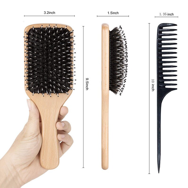 Bamboo Hair Brush - Boar Bristle Paddle Laser Scalp Massage Home Use Tool