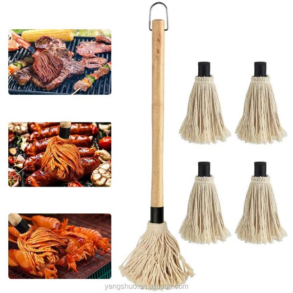 BBQ Mop Brush - Long Wooden Handle Cotton Fiber Head Oil Sauce Basting Tool