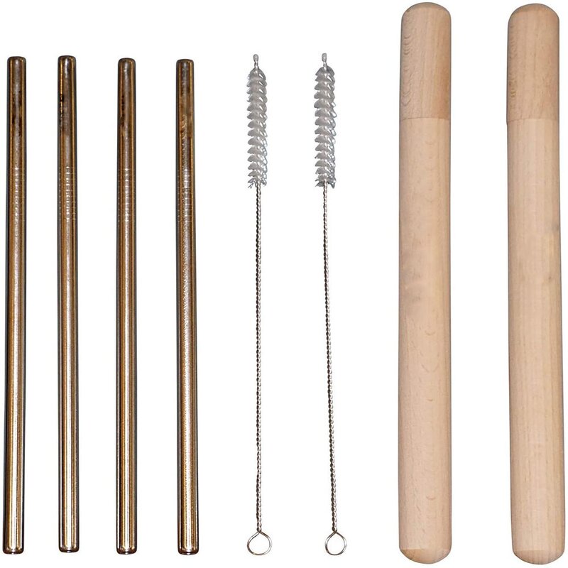 Gold Metal Straw - Wholesale Reusable Wood Case Drinking Bar Accessory Logo