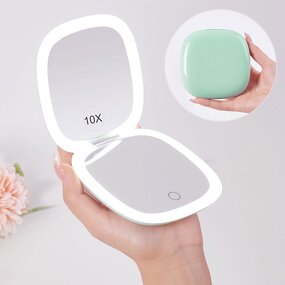 Travel Makeup Mirror - Rechargeable 1X/10X Magnification 3 Color Light Tool