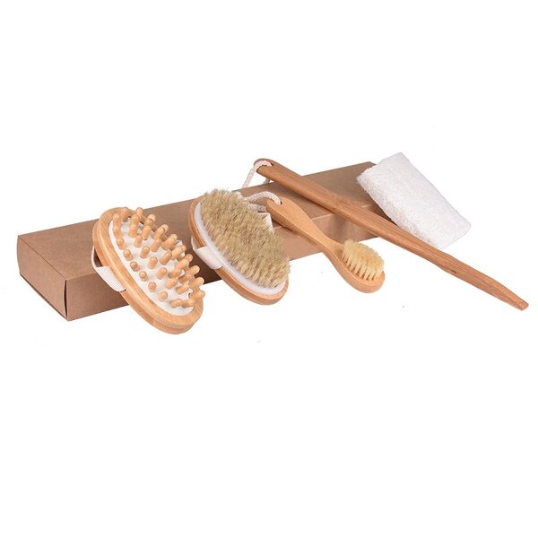 Boar Bristle Brush Set - Natural Dry Body Exfoliating Lymphatic Drainage Tool