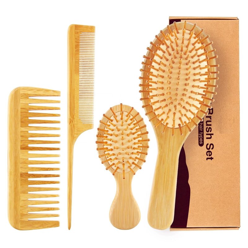 Bamboo Hair Comb Set - Paddle Wide-tooth Tail Detangling Men Women Kids Tool