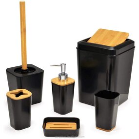 Bathroom Accessory Set - 6-Piece Plastic Wooden Hotel Home Storage Tool